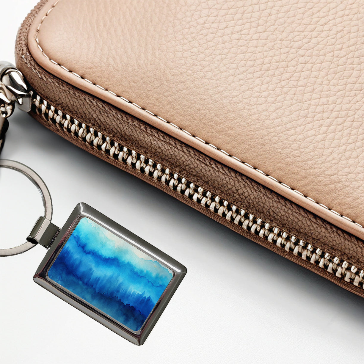 Blue Ombre Forest Watercolor Rectangle Metal Keychain