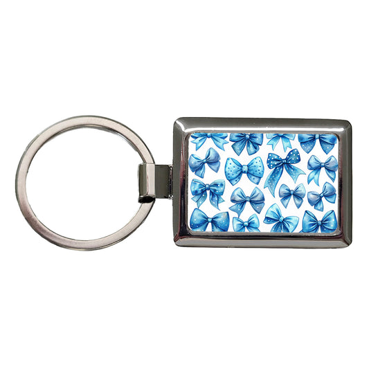 Blue Scattered Coquette Bows Cute Watercolor Rectangle Metal Keychain