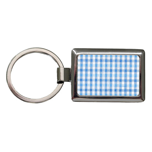 Blue White Gingham Watercolor Rectangle Metal Keychain