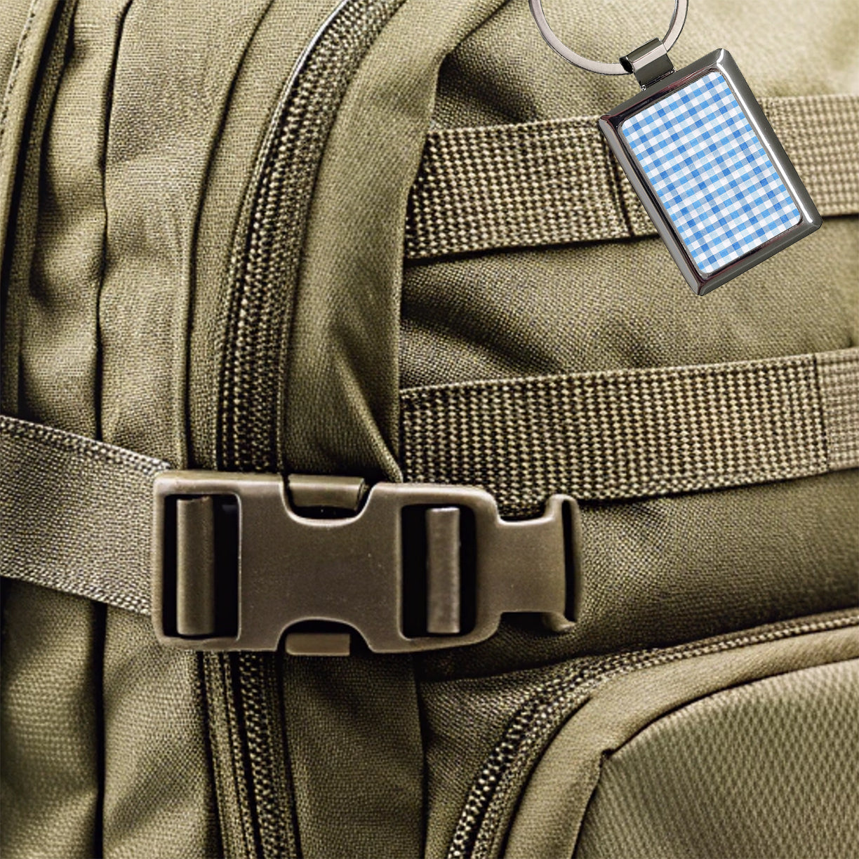 Blue White Gingham Watercolor Rectangle Metal Keychain
