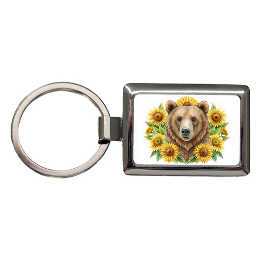 Brown Bear Watercolor Design With Sunflowers Rectangle Metal Keychain