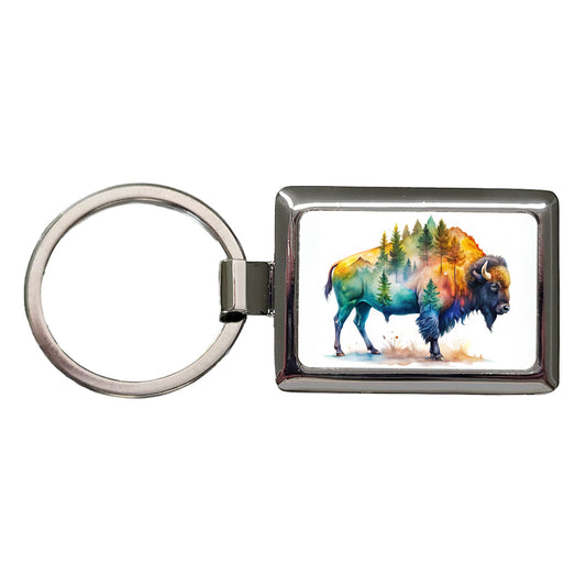 Buffalo In Forest Watercolor Design Rectangle Metal Keychain