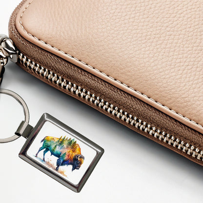 Buffalo In Forest Watercolor Design Rectangle Metal Keychain