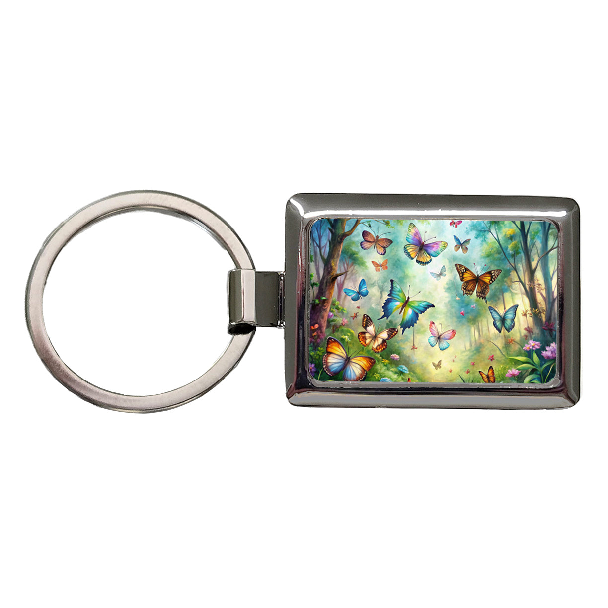 Butterflies In Forest Fantasy Watercolor Rectangle Metal Keychain