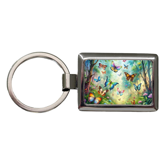 Butterflies In Forest Fantasy Watercolor Rectangle Metal Keychain