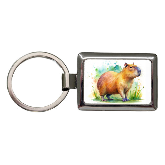 Capybara Watercolor Rectangle Metal Keychain