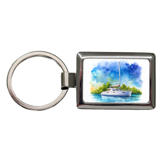Catamaran At Sea Watercolor Design Rectangle Metal Keychain