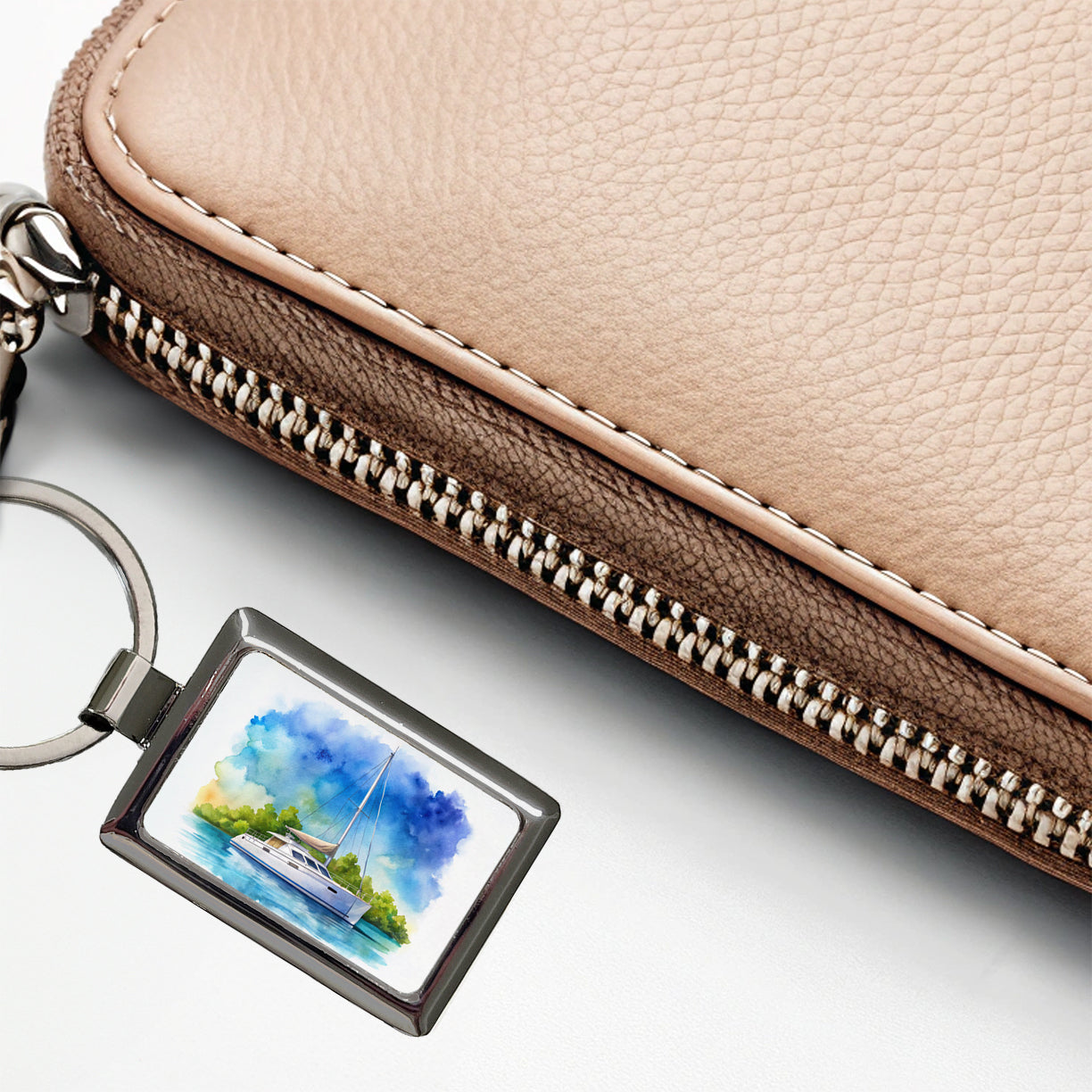 Catamaran At Sea Watercolor Design Rectangle Metal Keychain