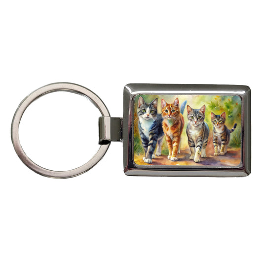 Cats Walking Watercolor Rectangle Metal Keychain