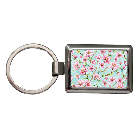 Cherry Blossom Flowers Light Blue Rectangle Metal Keychain