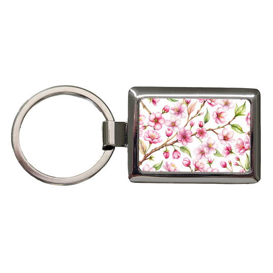 Cherry Blossom Flowers White Rectangle Metal Keychain