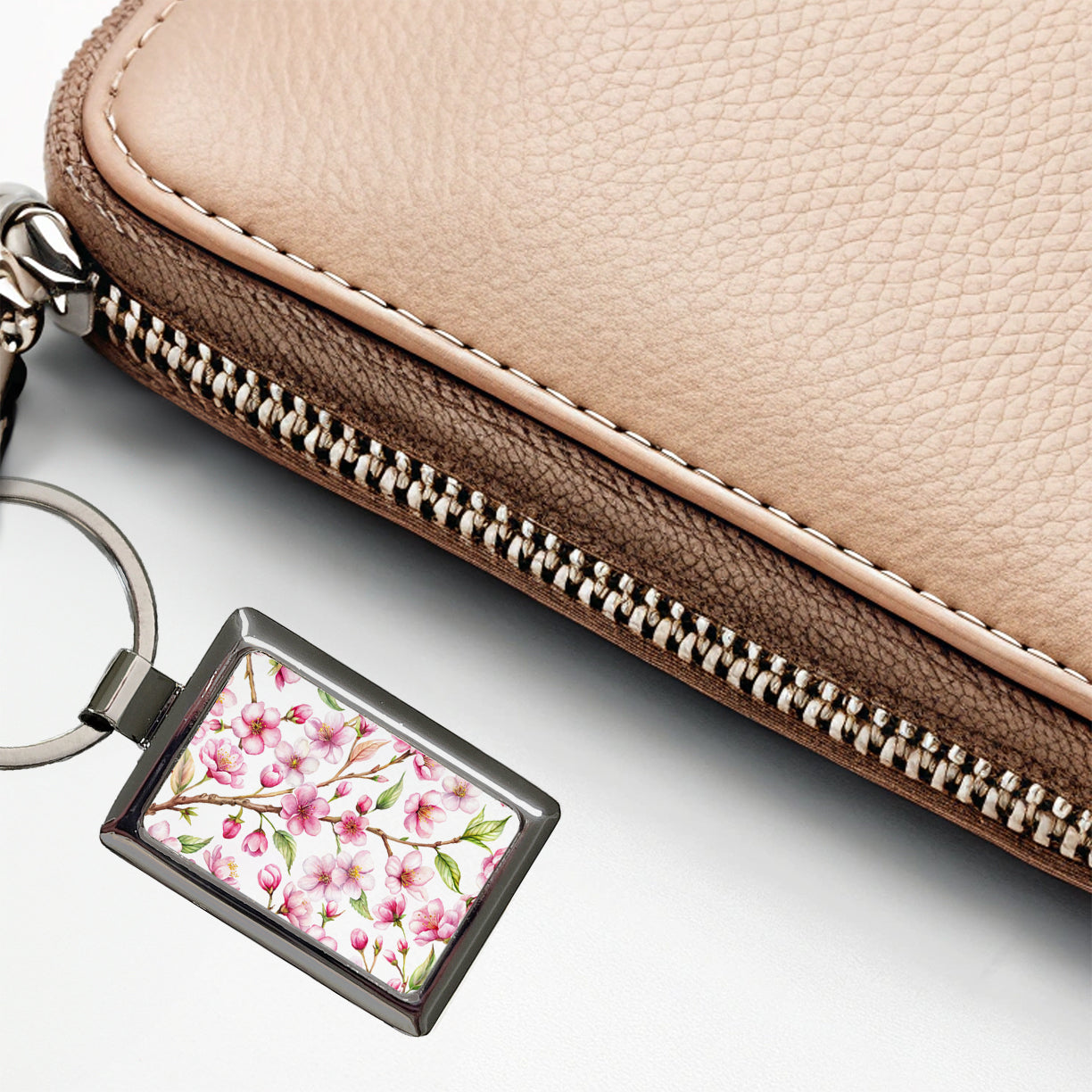 Cherry Blossom Flowers White Rectangle Metal Keychain