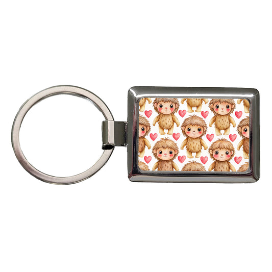Chibi Sasquatch Big Foot Hearts Watercolor Rectangle Metal Keychain