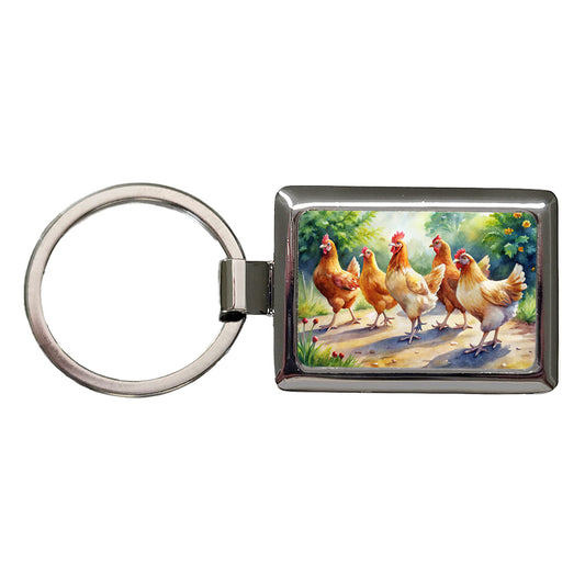 Chickens Walking Around Watercolor Rectangle Metal Keychain