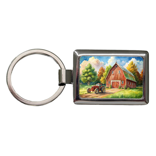Classic Barn Tractor Watercolor Design Rectangle Metal Keychain