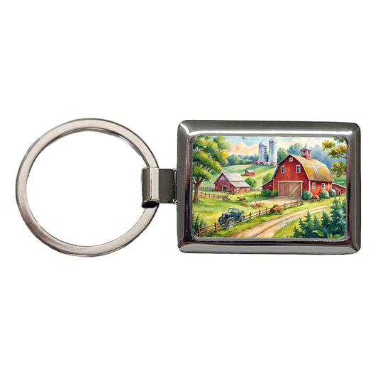 Classic Farm Watercolor Design Rectangle Metal Keychain