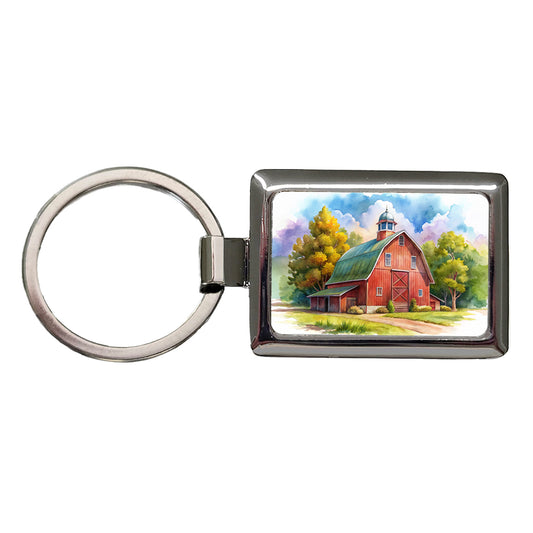 Classic Red Barn Watercolor Rectangle Metal Keychain