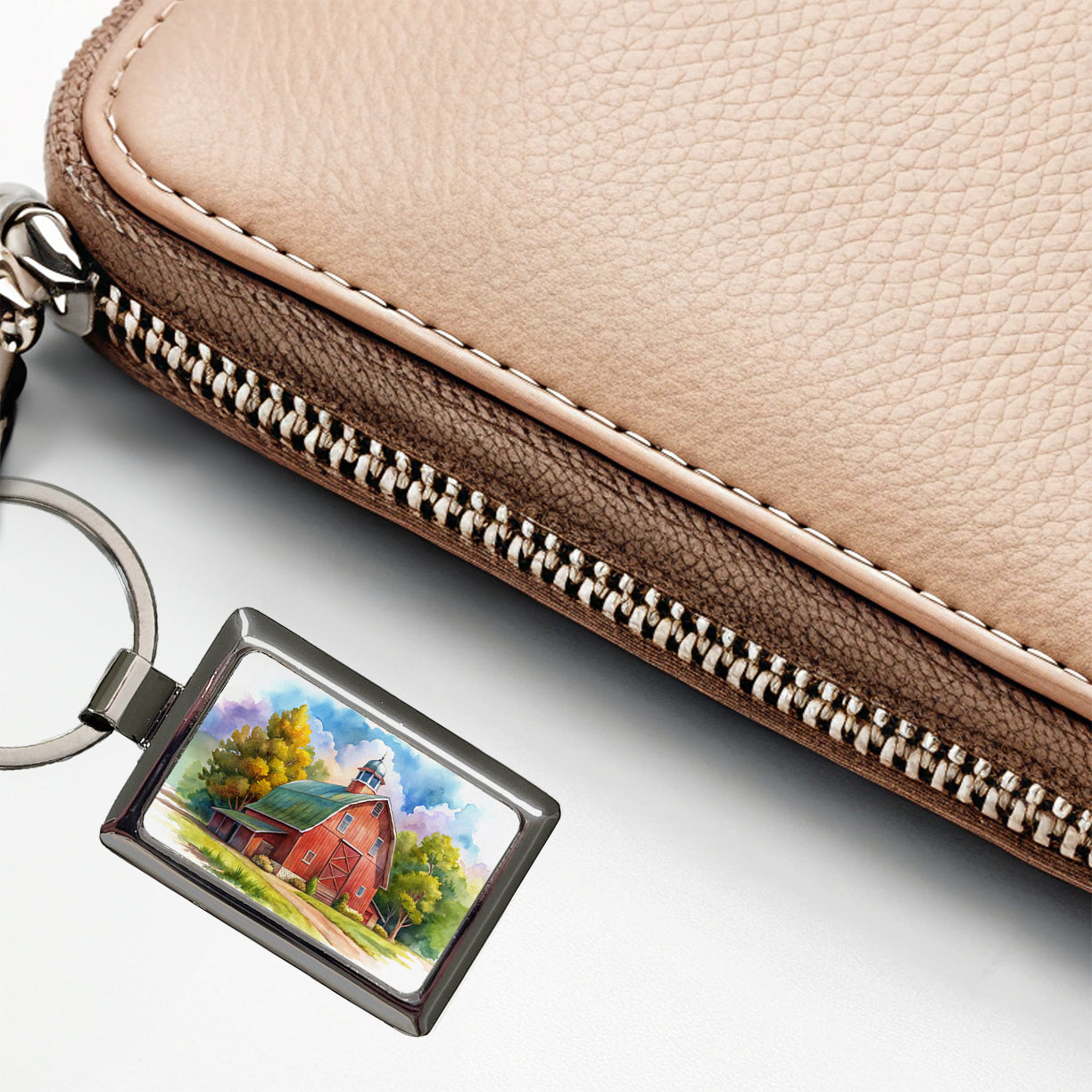 Classic Red Barn Watercolor Rectangle Metal Keychain