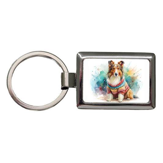 Collie Dog Wearing A Sweater Watercolor Rectangle Metal Keychain