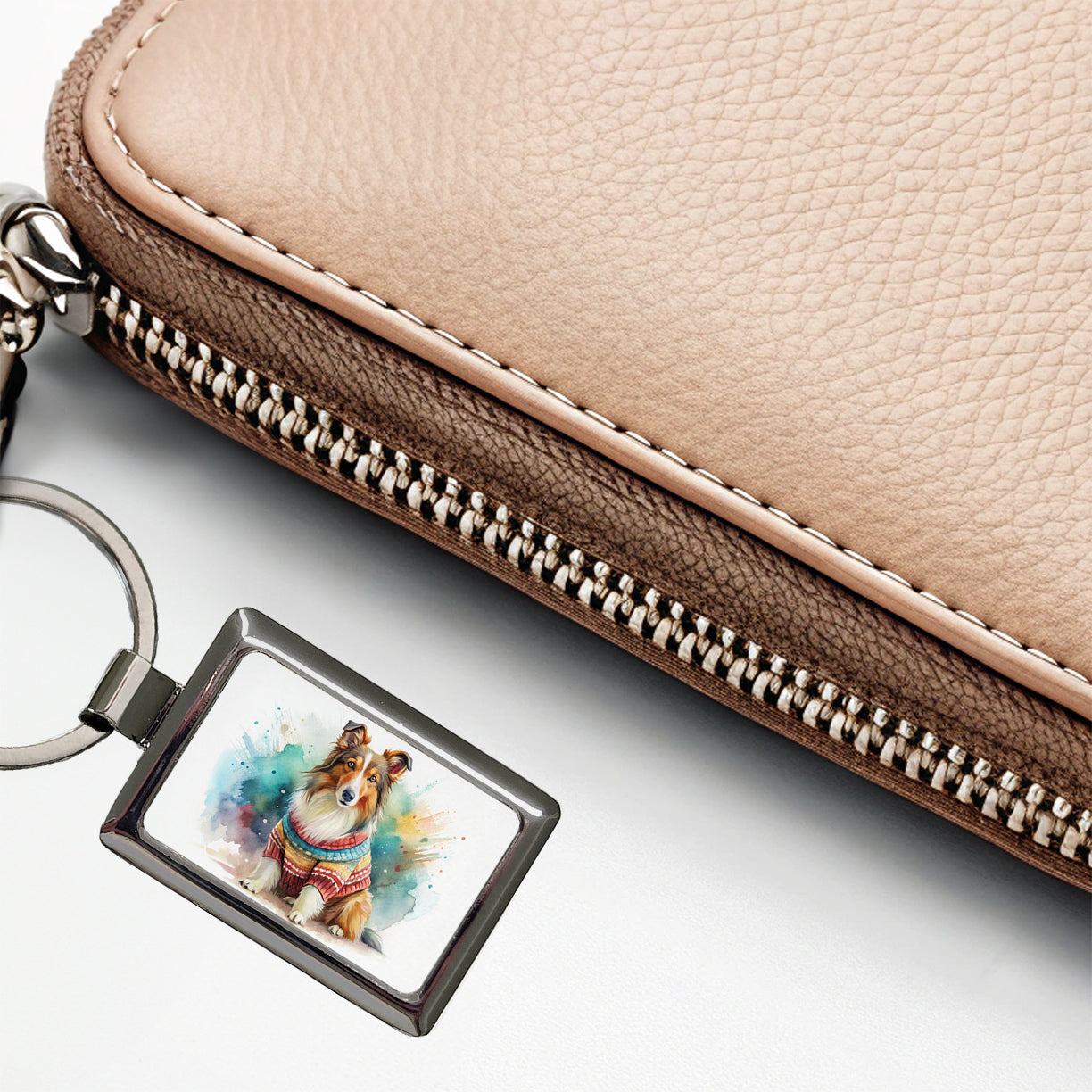 Collie Dog Wearing A Sweater Watercolor Rectangle Metal Keychain