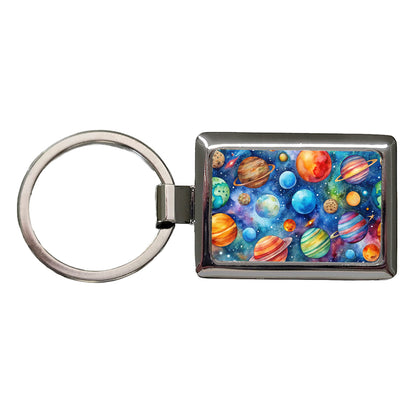 Colorful Planets In Space Watercolor Rectangle Metal Keychain