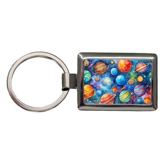 Colorful Planets In Space Watercolor Rectangle Metal Keychain