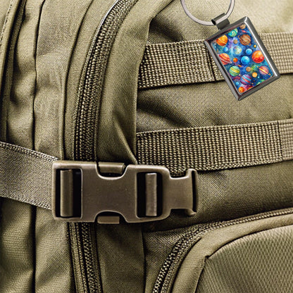 Colorful Planets In Space Watercolor Rectangle Metal Keychain