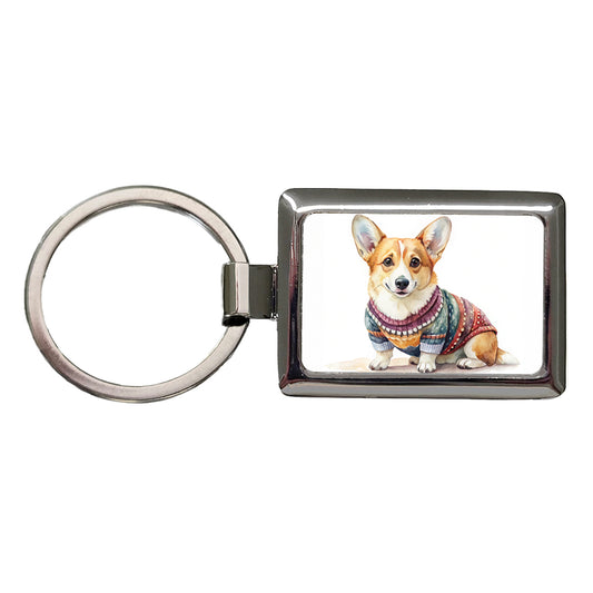 Corgi Dog Wearing A Sweater Watercolor Rectangle Metal Keychain