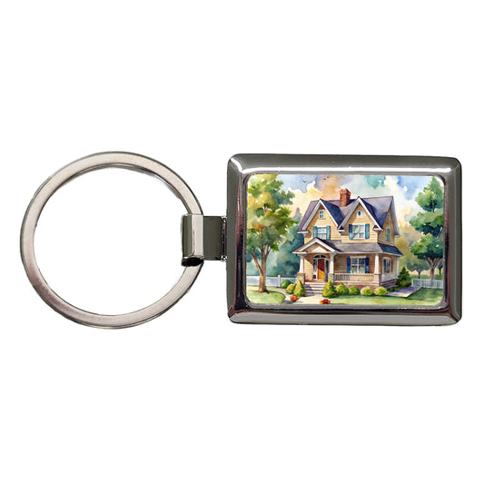 Country Farm House Painting Watercolor Rectangle Metal Keychain