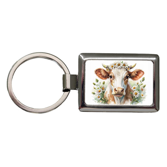 Cow Watercolor With Daisies Rectangle Metal Keychain