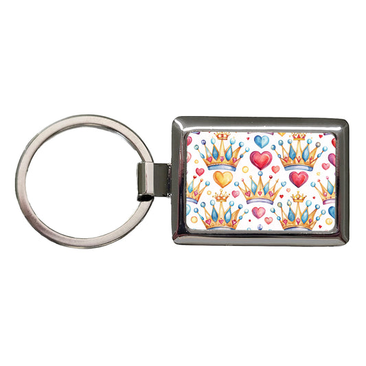 Crowns Royalty Tiaras Hearts Watercolor Rectangle Metal Keychain