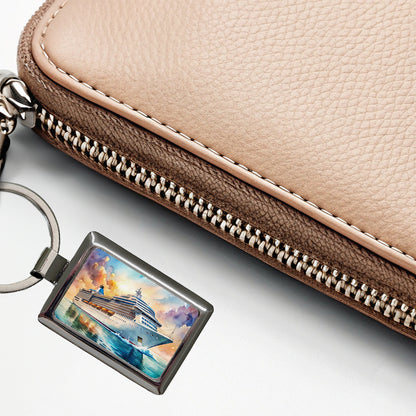 Cruise Ship At Sea Bon Voyage Watercolor Rectangle Metal Keychain