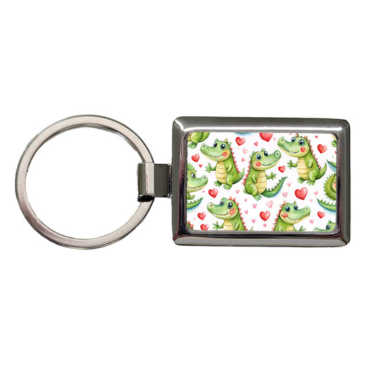 Cute Alligator Crocodiles Hearts Watercolor Rectangle Metal Keychain
