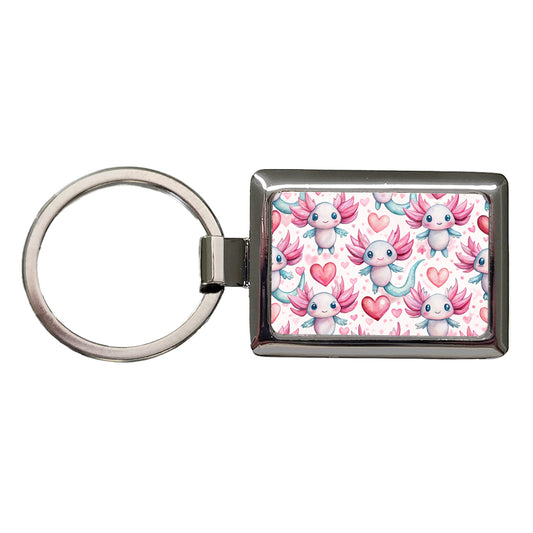 Cute Axolotls Hearts Watercolor Rectangle Metal Keychain