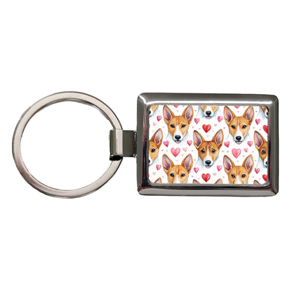 Cute Basenji Dog Faces Hearts Water Rectangle Metal Keychain