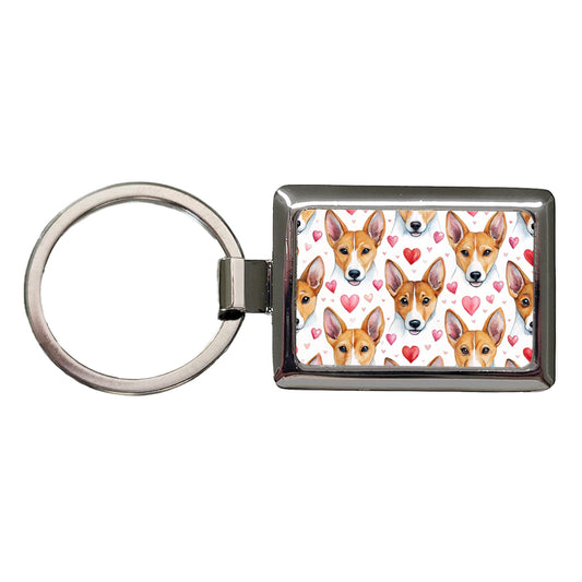 Cute Basenji Dog Faces Hearts Water Rectangle Metal Keychain