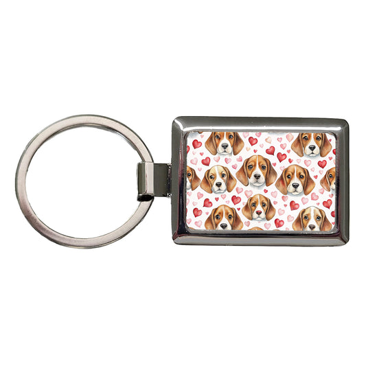 Cute Beagle Dog Faces Hearts Rectangle Metal Keychain