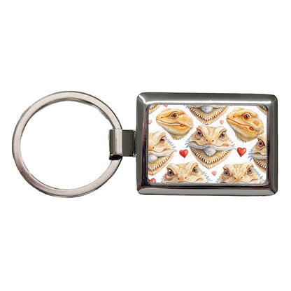Cute Bearded Dragon Faces Hearts Rectangle Metal Keychain