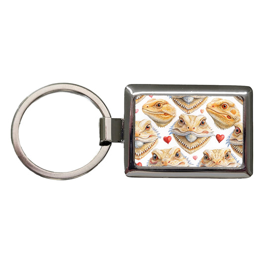 Cute Bearded Dragon Faces Hearts Rectangle Metal Keychain
