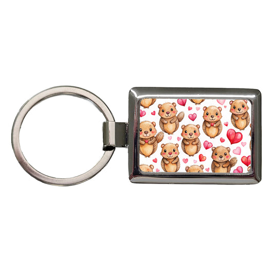 Cute Beavers Hearts Watercolor Rectangle Metal Keychain