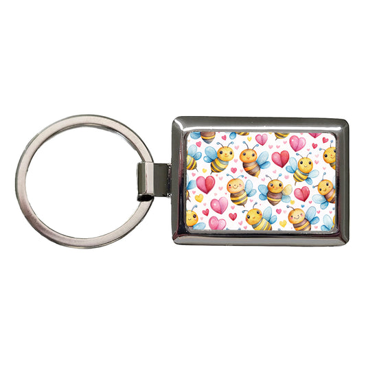 Cute Bees Hearts Watercolor Rectangle Metal Keychain