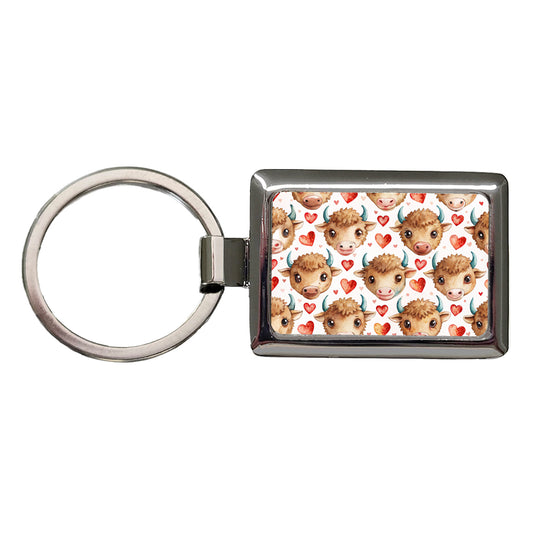 Cute Bison Faces Hearts Watercolor Rectangle Metal Keychain