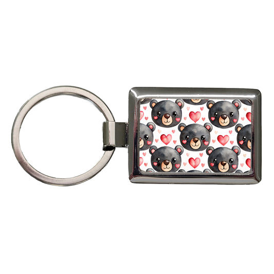 Cute Black Bear Faces Hearts Rectangle Metal Keychain