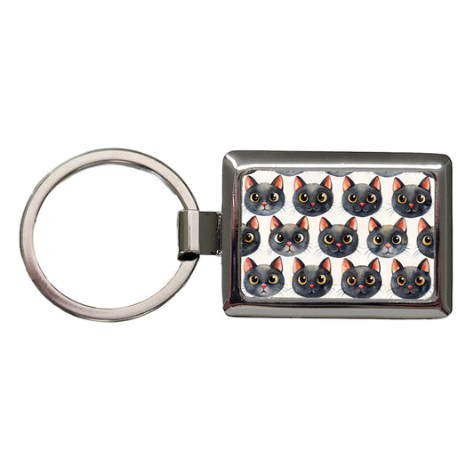 Cute Black Cat Faces Watercolor Rectangle Metal Keychain