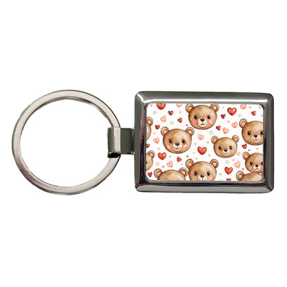 Cute Brown Bear Faces Hearts Rectangle Metal Keychain