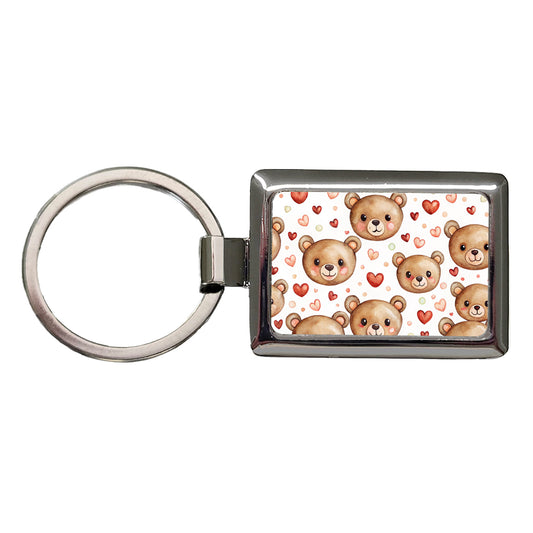 Cute Brown Bear Faces Hearts Rectangle Metal Keychain