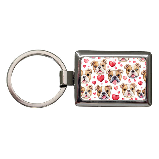 Cute Bulldog Dog Faces Hearts Rectangle Metal Keychain