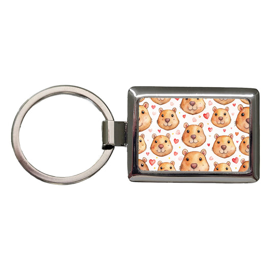 Cute Capybara Faces Hearts Rectangle Metal Keychain