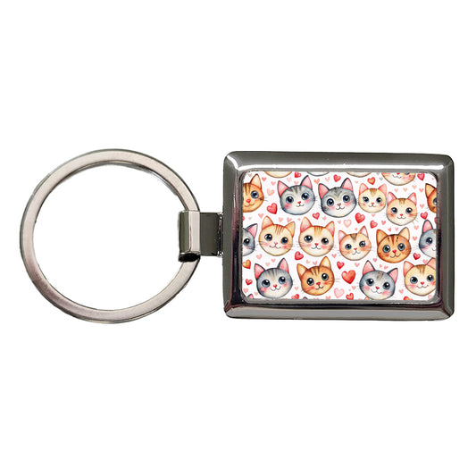 Cute Cat Faces Hearts Watercolor Rectangle Metal Keychain