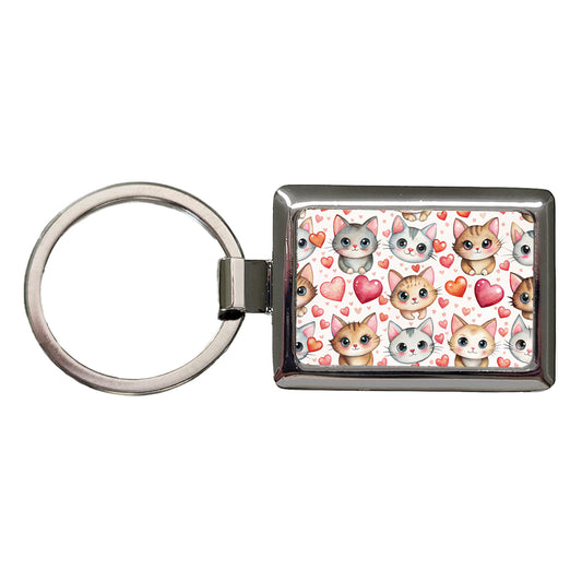 Cute Cats Hearts Watercolor Rectangle Metal Keychain